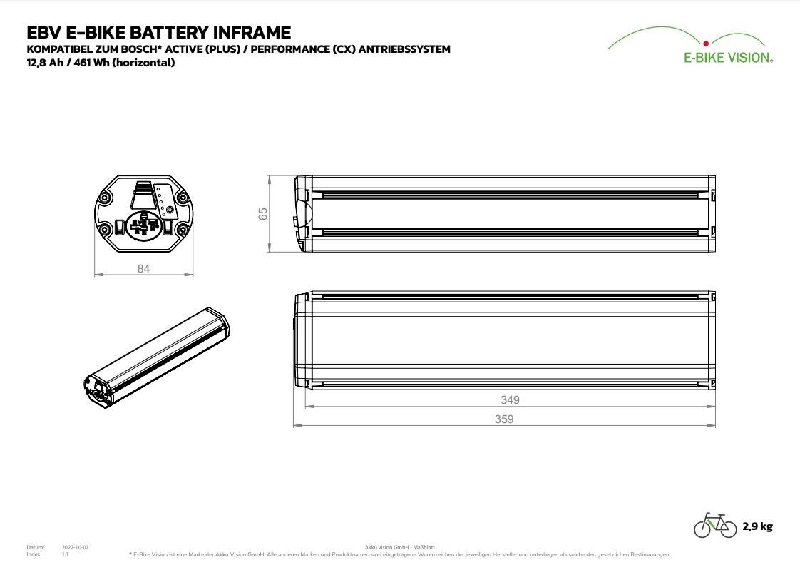 E-BIKE BATTERY for BOSCH ACTIVE / PERFORMANCE LINE DRIVE SYSTEMS - 630Wh - HORIZONTAL